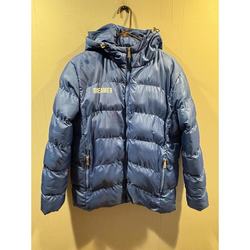 Mens Manfinity Puffer Jacket Size Small Blue Dreamer Print Full Zip